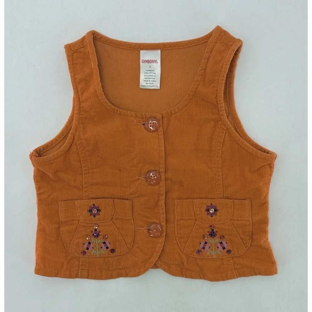 GYMBOREE Girl’s Orange Corduroy Button Front Embroidered‎ Vest Sz 3